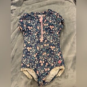 Rufflebutts Size 10 Blue & Pink Floral Short Sleeve Zip up Swimsuit